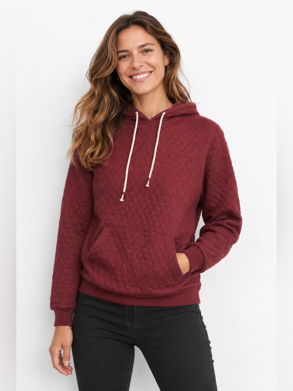 Marine Layer Quilted Hooded Sweatshirt in Burgundy Size Small
